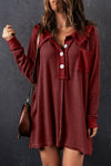 Red Waffle Knit Buttoned Long Sleeve Top-Tops-MomFashion