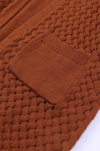 Brown Open Front Woven Texture Knitted Cardigan with Pockets-Tops-MomFashion