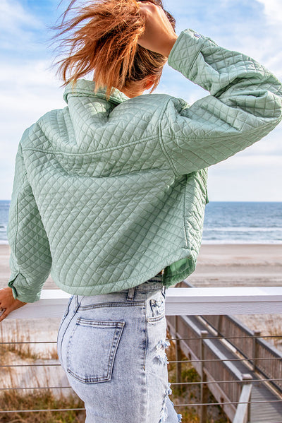 Green Quilted Pocketed Zip-up Cropped Jacket-Outerwear-MomFashion