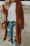 Brown Retro Velvet Long Sleeve Pocket Coat-Outerwear-MomFashion