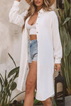 White Striped Crinkle Button Front Cover Up Shirt Dress-Swimwear-MomFashion