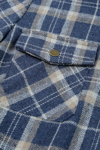 Blue Plaid Pattern Sherpa Lined Hooded Shacket-Outerwear-MomFashion