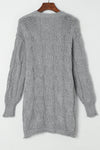 Gray Ribbed Trim Eyelet Cable Knit Cardigan-Tops-MomFashion