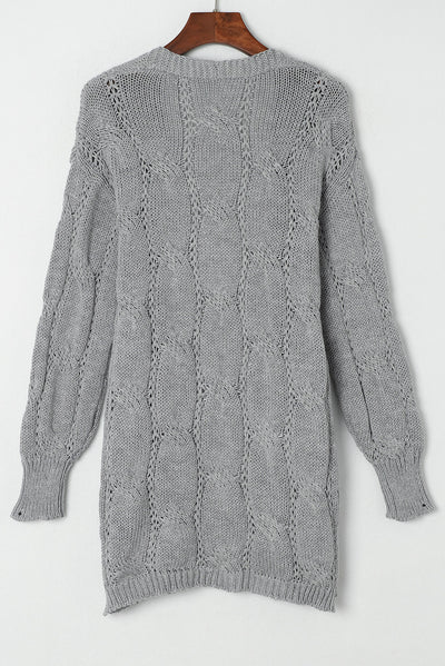 Gray Ribbed Trim Eyelet Cable Knit Cardigan-Tops-MomFashion