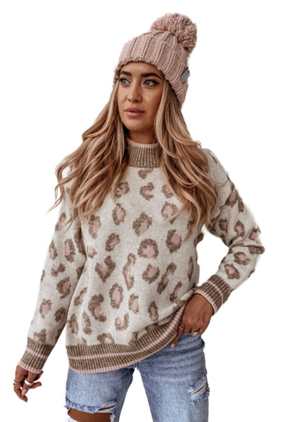 Brown Two-tone Ribbed Trim Contrast Leopard Sweater-Tops-MomFashion