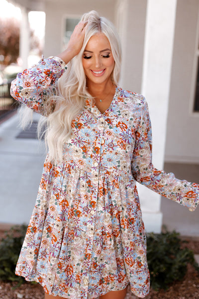 Multicolor Split Neck Buttons Front Shirt Floral Dress-Dresses-MomFashion