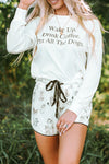 White Long Sleeve Letters Pullover and Animal Shorts Lounge Set-Loungewear-MomFashion