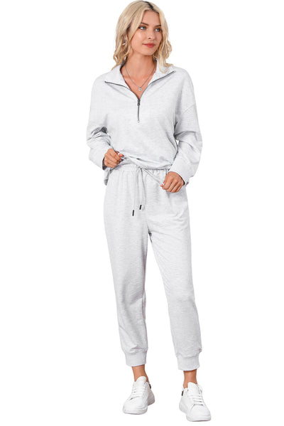 Gray Solid Half Zipped Drawstring High Waist Lounge Set-Loungewear-MomFashion