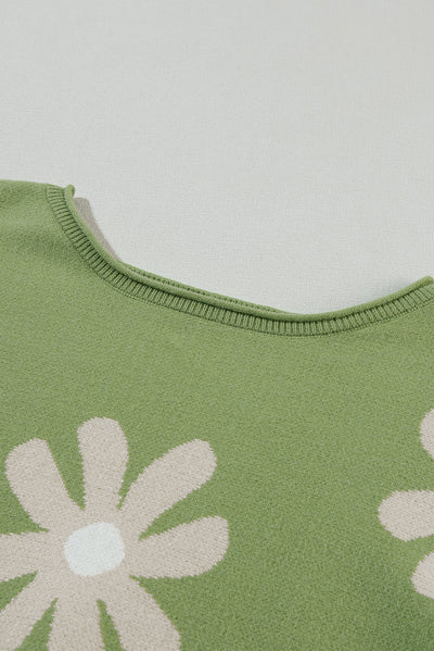 Green Flower Print Bubble Sleeve Knitted Sweater and Shorts Set-Loungewear-MomFashion