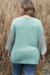 Green Plus Size Striped Long Sleeve Colorblock Tee with Slits-Plus Size-MomFashion