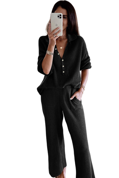 Black Ribbed Knit Collared Henley Top and Pants Lounge Outfit-Loungewear-MomFashion