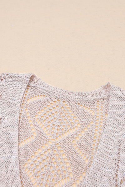 Khaki Hollow-out Openwork Knit Cardigan-Tops-MomFashion