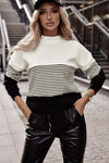 Black Striped Contrast Colorblock Knit Top-Tops-MomFashion