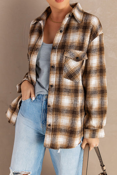 Brown Buttons Pocketed Plaid Shacket-Outerwear-MomFashion