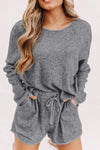 Gray Long Sleeve Top and Drawstring Shorts Lounge Set-Loungewear-MomFashion