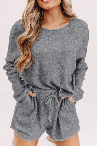 Gray Long Sleeve Top and Drawstring Shorts Lounge Set-Loungewear-MomFashion