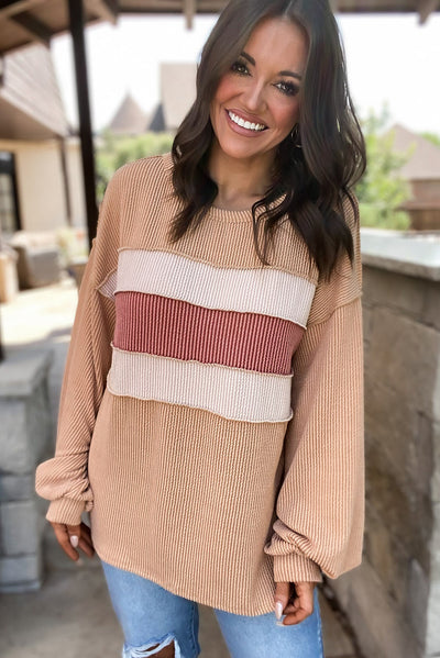 Light French Beige Colorblock Rib Corded Sweatshirt-Tops-MomFashion