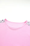 Pink Exposed Seam Leopard Splicing Plus Size Sweatshirt-Plus Size-MomFashion