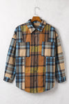 Brown Plaid Color Block Buttoned Shirt with Pockets-Tops-MomFashion