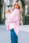 Pink Smocked Cuffed Striped Boyfriend Shirt with Pocket-Tops-MomFashion