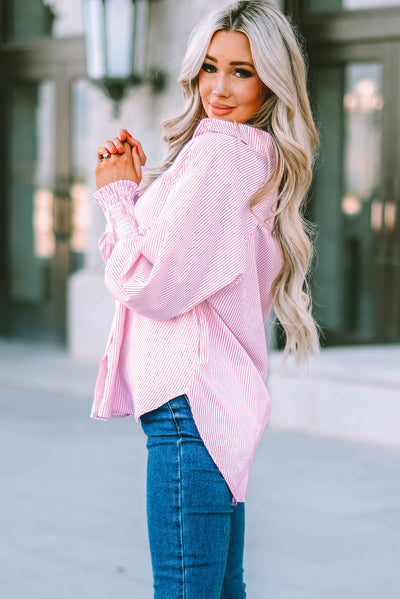 Pink Smocked Cuffed Striped Boyfriend Shirt with Pocket-Tops-MomFashion