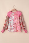 Pink Mixed Floral Printed Puff Sleeve V-Neck Shirt-Tops-MomFashion