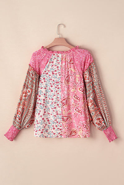 Pink Mixed Floral Printed Puff Sleeve V-Neck Shirt-Tops-MomFashion