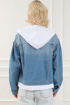 Sky Blue Distressed Contrast Hooded Denim Jacket with Pockets-Outerwear-MomFashion