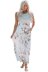 White Striped Floral Print Sleeveless Maxi Dress with Pocket-Dresses-MomFashion