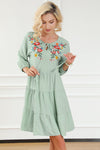 Green Floral Embroidery Tiered Ruffle Hem Dress-Dresses-MomFashion