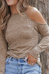 Khaki Marble Knit Cold Shoulder Long Sleeve Top-Tops-MomFashion