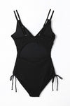 Black Adjustable Straps Ribbed Knit One Piece Swimsuit-Swimwear-MomFashion