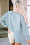 Sky Blue Split Hem Sweatshirt Color Block Shorts Set-Loungewear-MomFashion