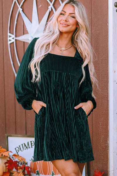 Green Tie Back Square Neck Velvet Babydoll Dress-Dresses-MomFashion