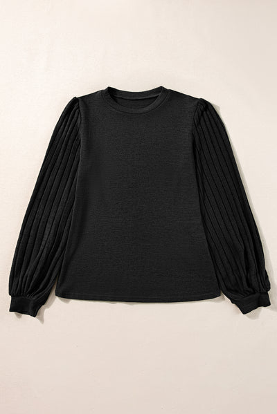 Black Contrast Ribbed Bishop Sleeve Top-Tops-MomFashion