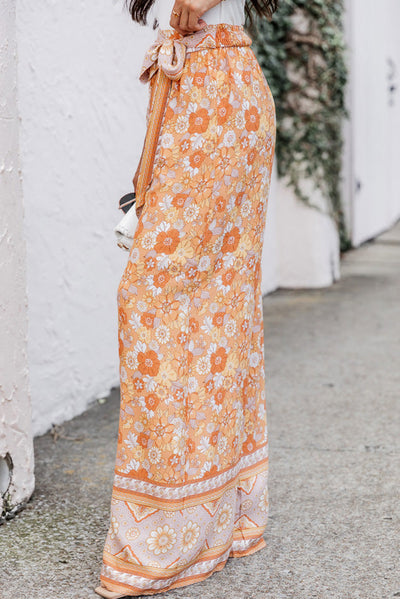 Grapefruit Orange Tie Waist Boho Floral Wide Leg Pants-Bottoms-MomFashion