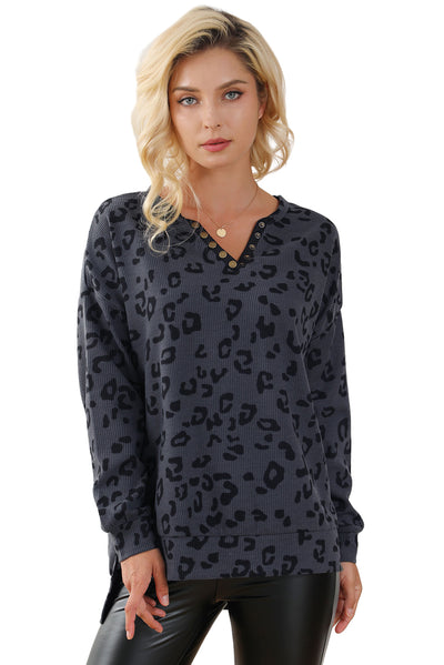 Gray Leopard Print Button Split Neck Waffle Sweatshirt-Tops-MomFashion