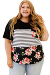 Black Plus Size Splicing Block Stripe Floral Short Sleeve Top-Plus Size-MomFashion