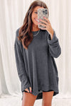 Gray Waffle Knit High Slits Oversized Top-Tops-MomFashion