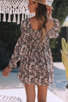 Brown Floral Puff Sleeve Square Neck Smocked Pleated Dress-Dresses-MomFashion