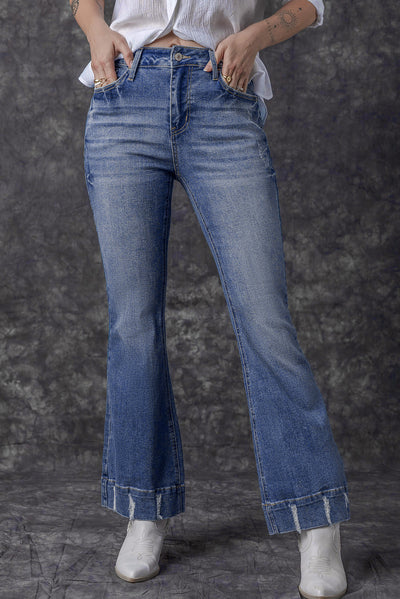 Sky Blue Slight Distressed Medium Wash Flare Jeans-Bottoms-MomFashion