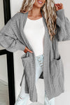 Gray Ribbed Trim Eyelet Cable Knit Cardigan-Tops-MomFashion