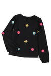 Black Floral Embroidered Puff Sleeve Top-Tops-MomFashion