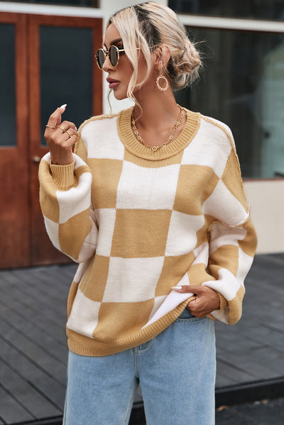 Khaki Checkered Bishop Sleeve Sweater-Tops-MomFashion