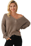 Khaki Pointelle Knit Button V Neck Drop Shoulder Sweater-Tops-MomFashion