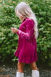 Rose Long Sleeve Ruffle Velvet Button Up Dress-Dresses-MomFashion