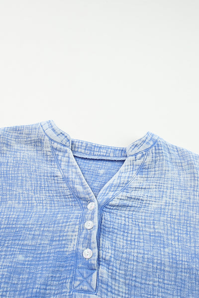 Sky Blue Crinkle Textured Loose Henley Top-Tops-MomFashion