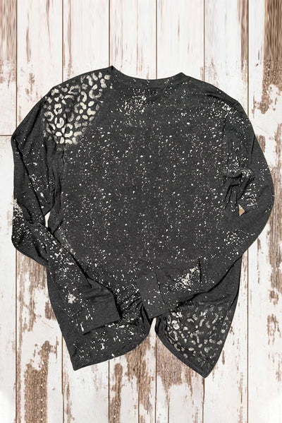 Black Retro Bleached Leopard Spot Pullover-Tops-MomFashion