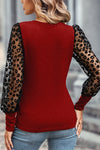 Red Dahlia Leopard Mesh Puff Sleeve Patchwork Slim Fit Top-Tops-MomFashion