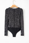 Black Sequin V Neck Zipped Long Sleeve Bodysuit-Tops-MomFashion